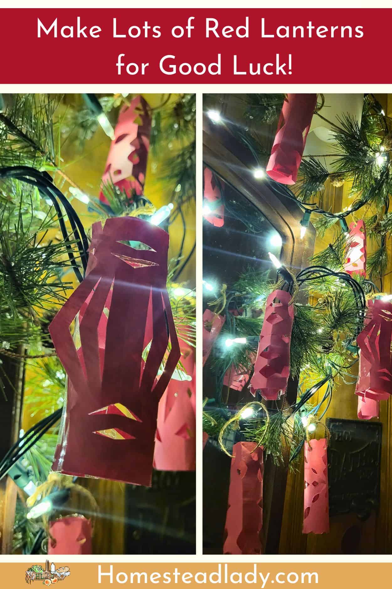 red paper lanterns hanging up with pine and white lights