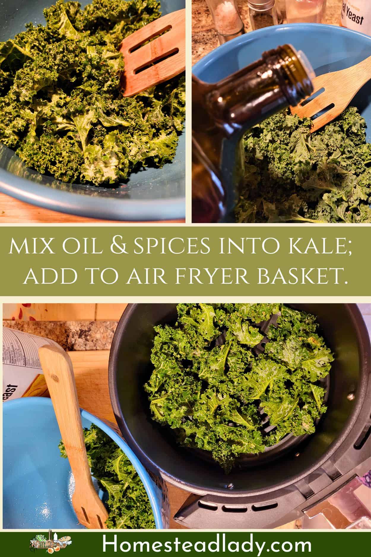 chopped kale being coated in oil and herbs to make air fryer kale chips
