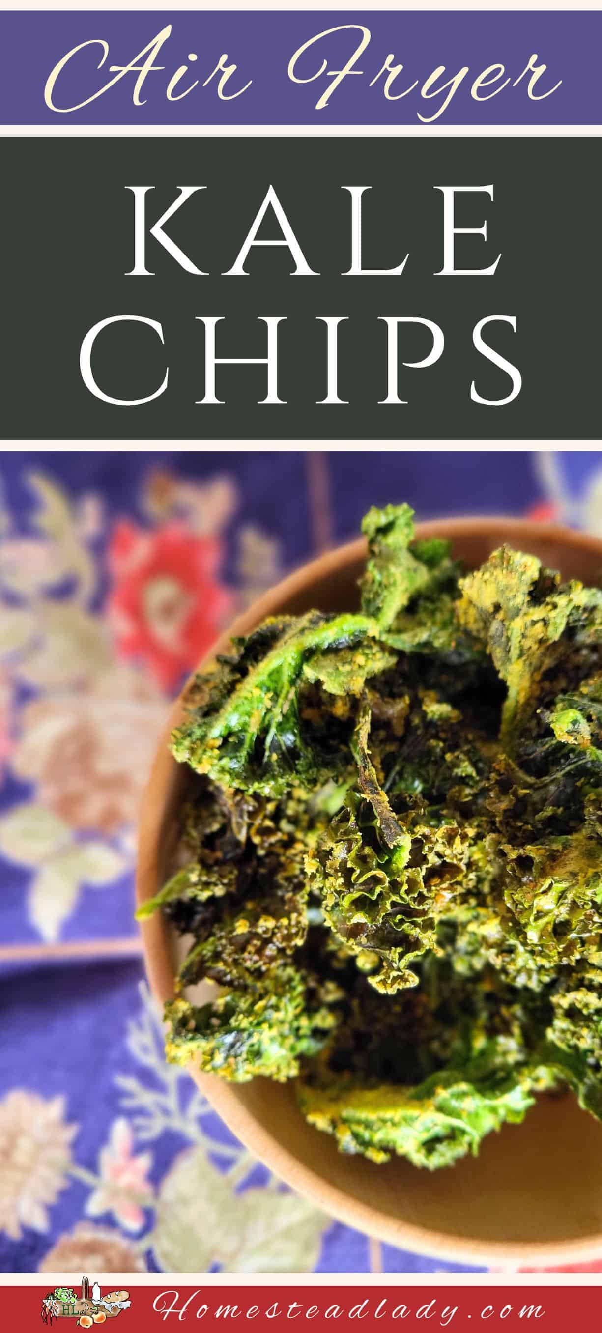 air fryer kale chips in a wooden bowl