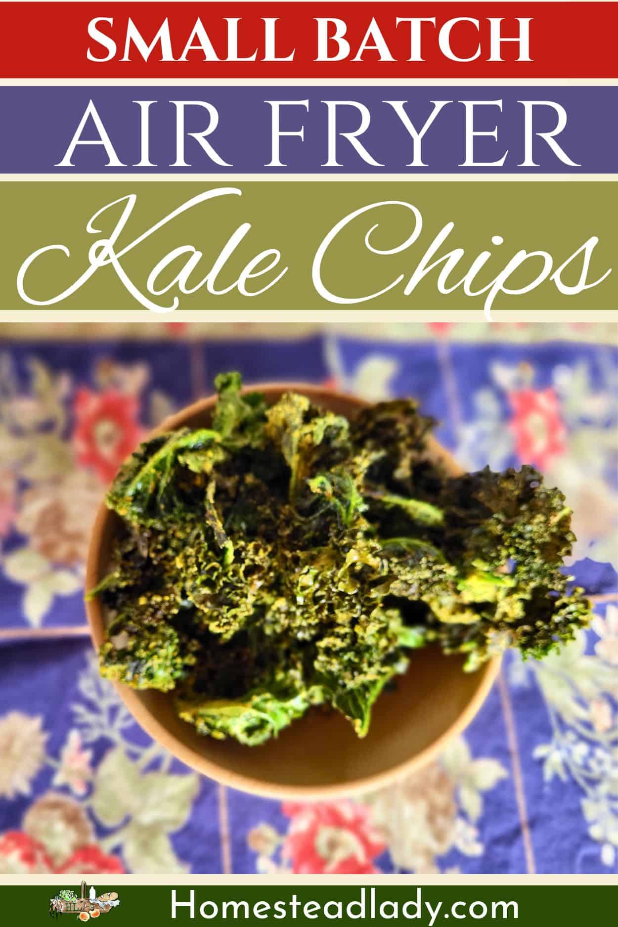air fryer kale chips in a wooden bowl on a blue flowered placemat