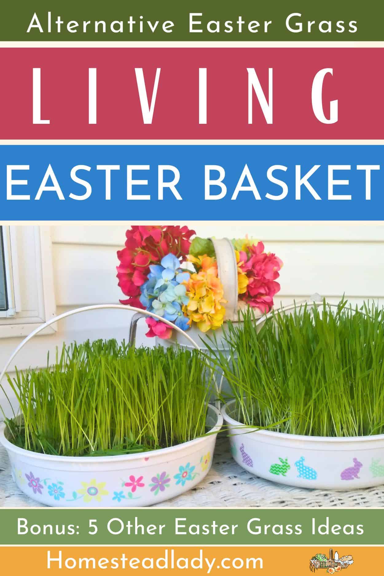 alternative easter basket living grass on a white table with flowers