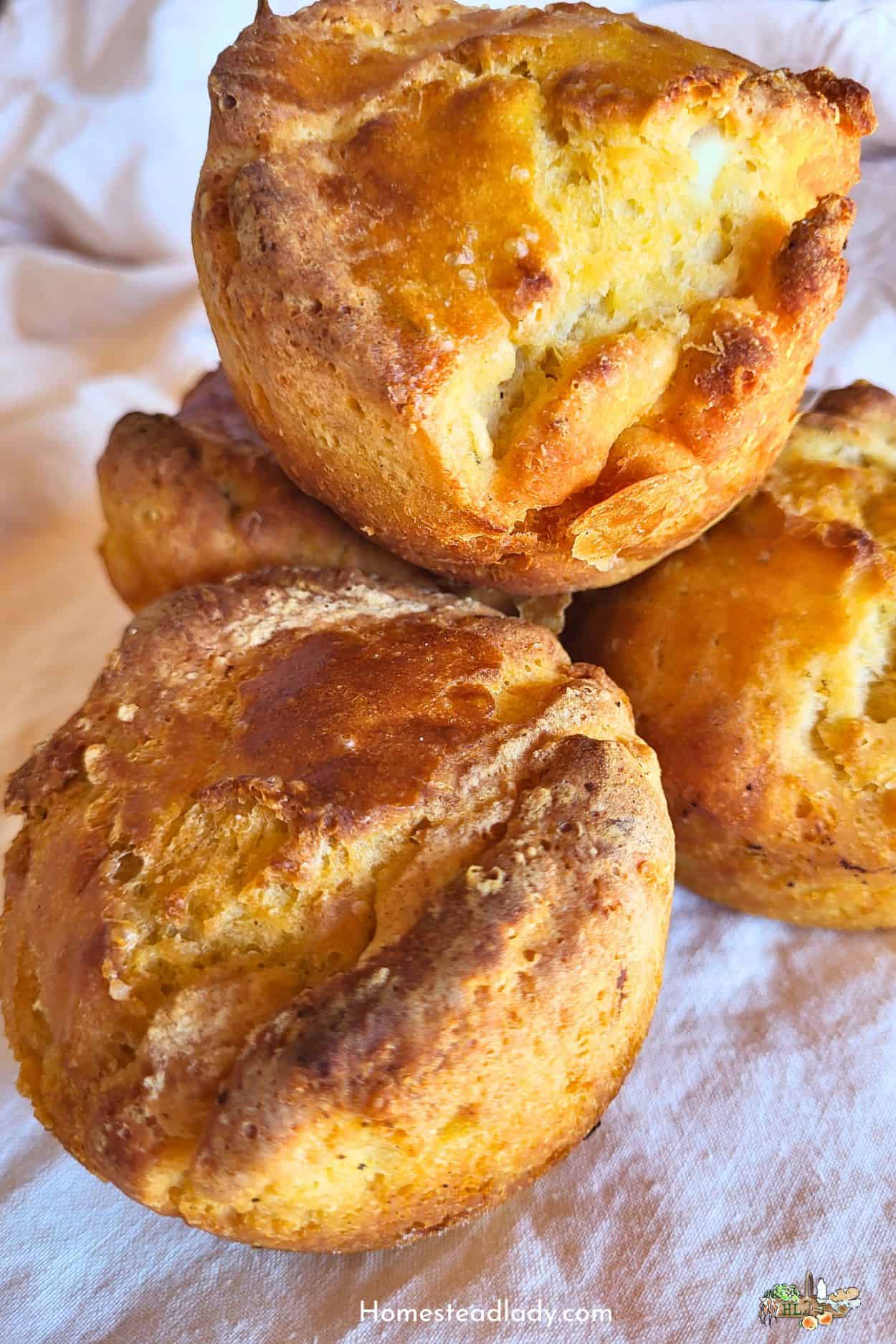 savory sourdough Yorkshire pudding popovers on a white cloth