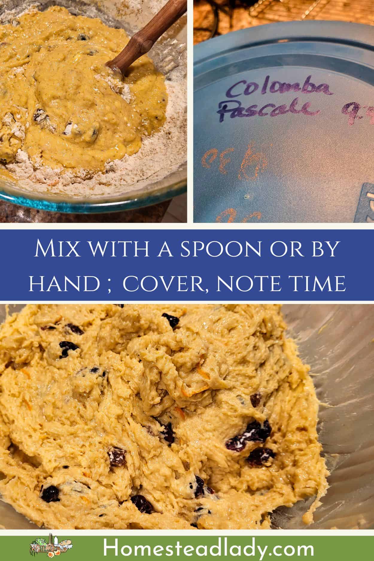 collage showing mixing sourdough Colomba Pasquale dough in a bowl