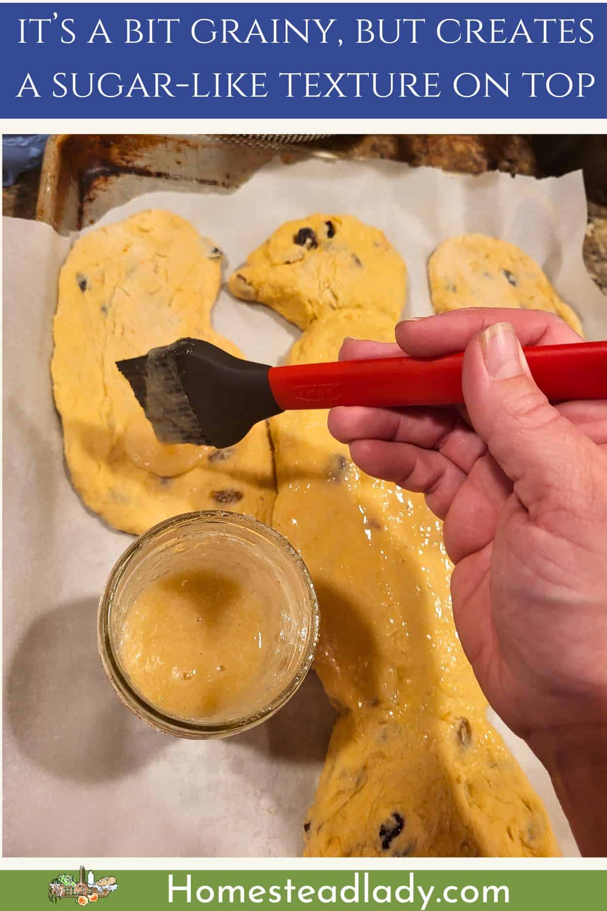 sourdough Colomba Pasquale bread dough shaped and glazed on a baking sheet