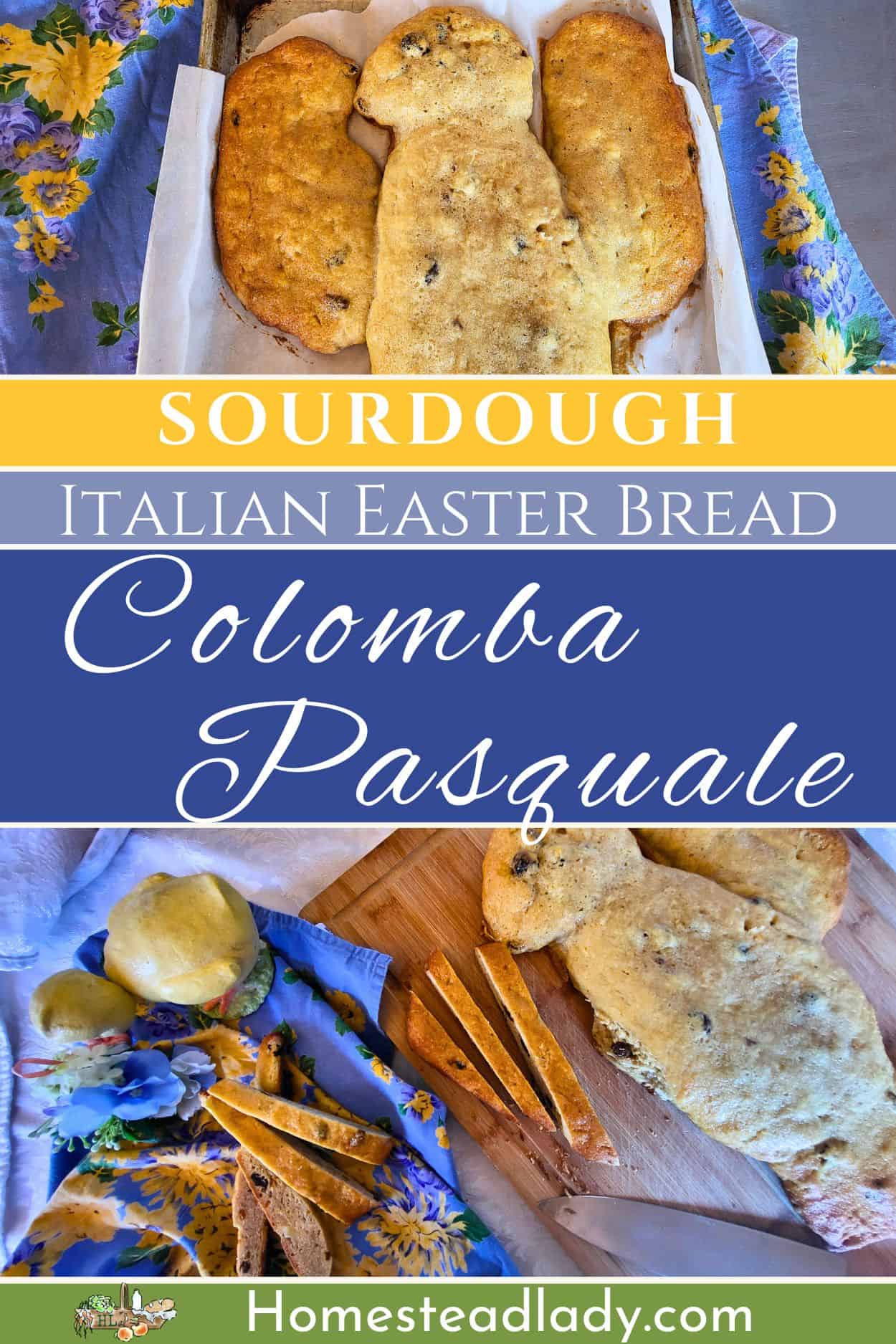 sroudough Colomba Pasquale Easter bread in the shape of a dove on a table with blue fabric