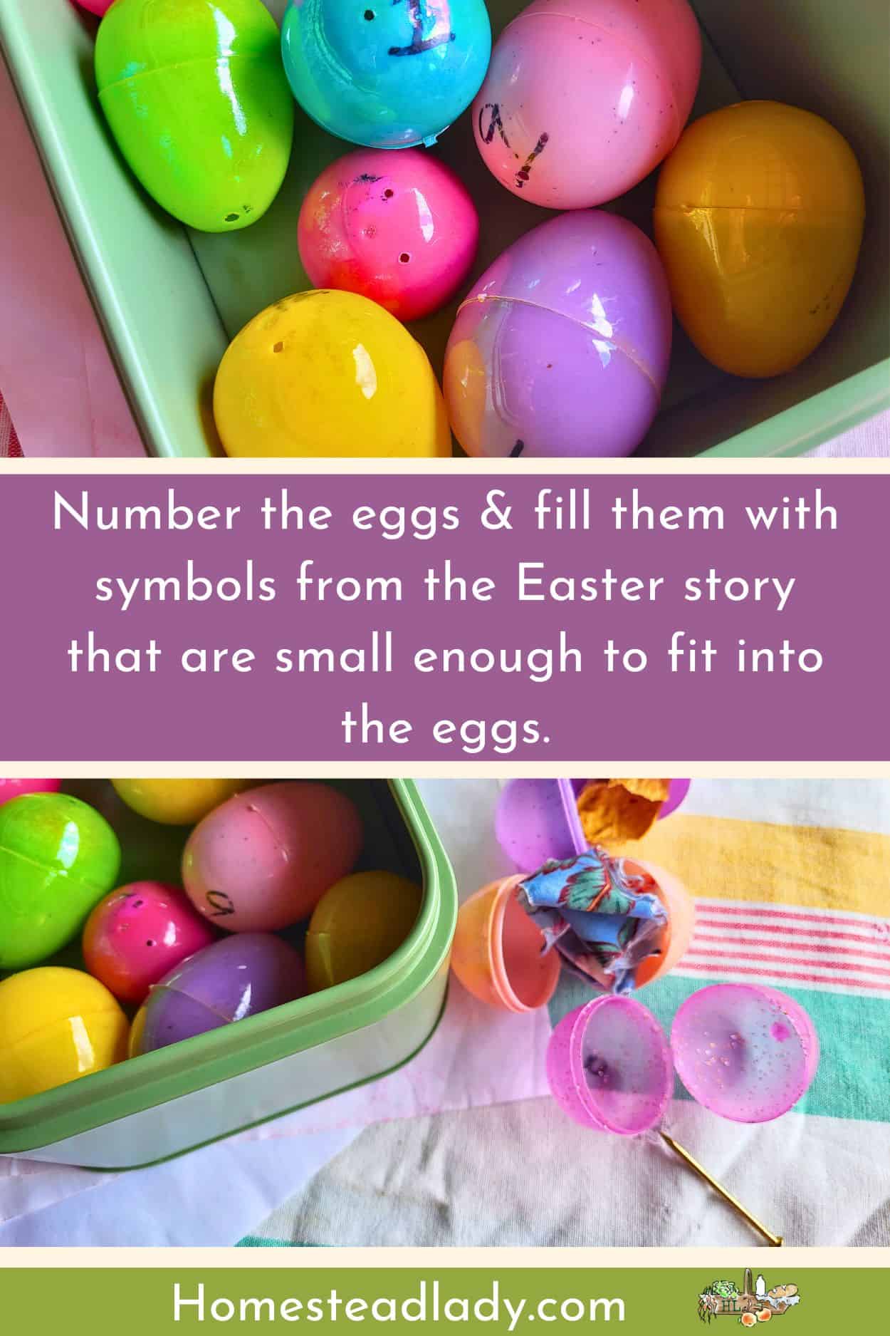 homemade Easter symbol egg hunt kit items on a table