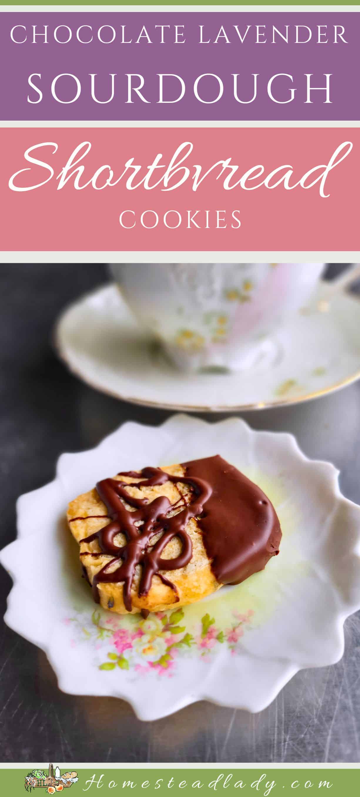 chocolate dipped lavender shorbread cookie on a tea plate