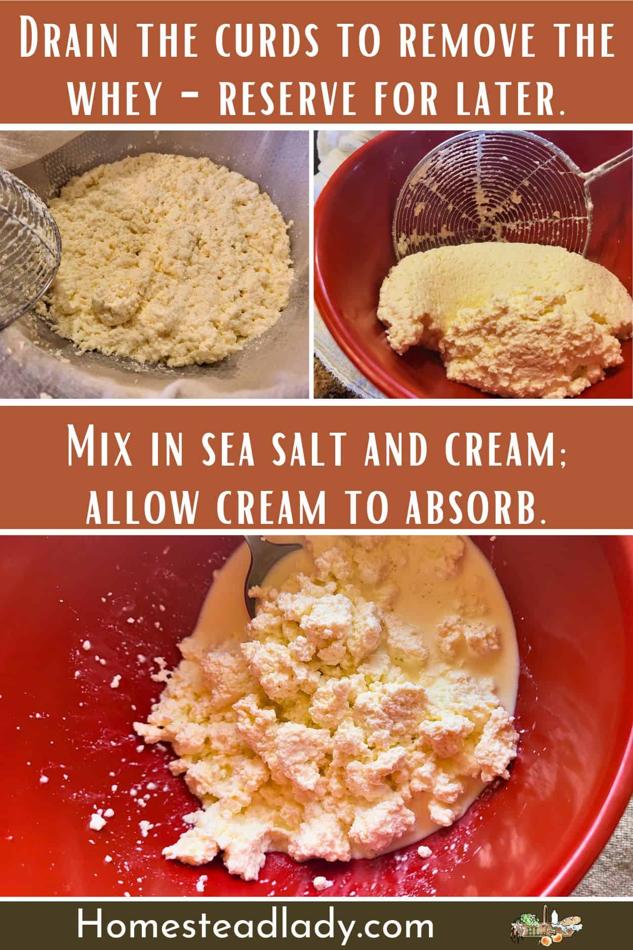 cottage cheese curds being drained and then in a red bowl with cream