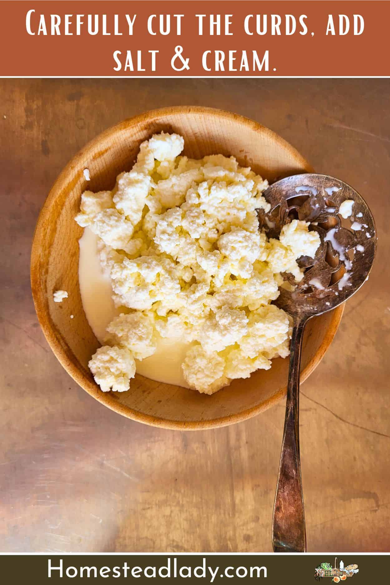 easy cottage cheese curds in a wooden bowl with cream and a silver spoon