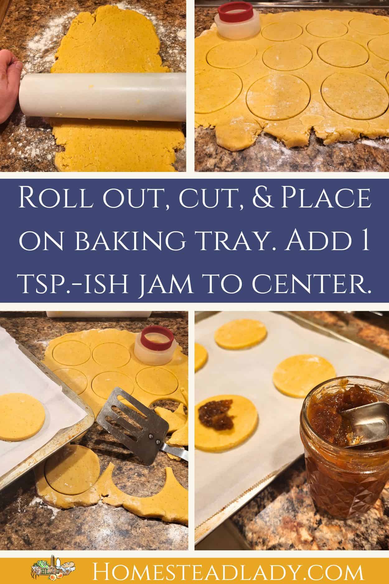 gluten free Hamantaschen cookie dough being rolled out on a counter