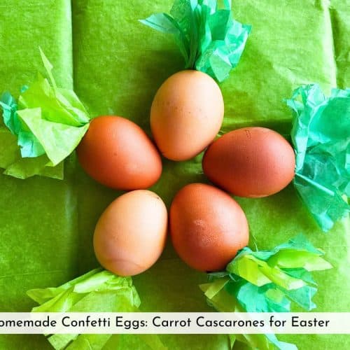 homemade confetti eggs that look like carrots sitting in a circle on a green tissue paper
