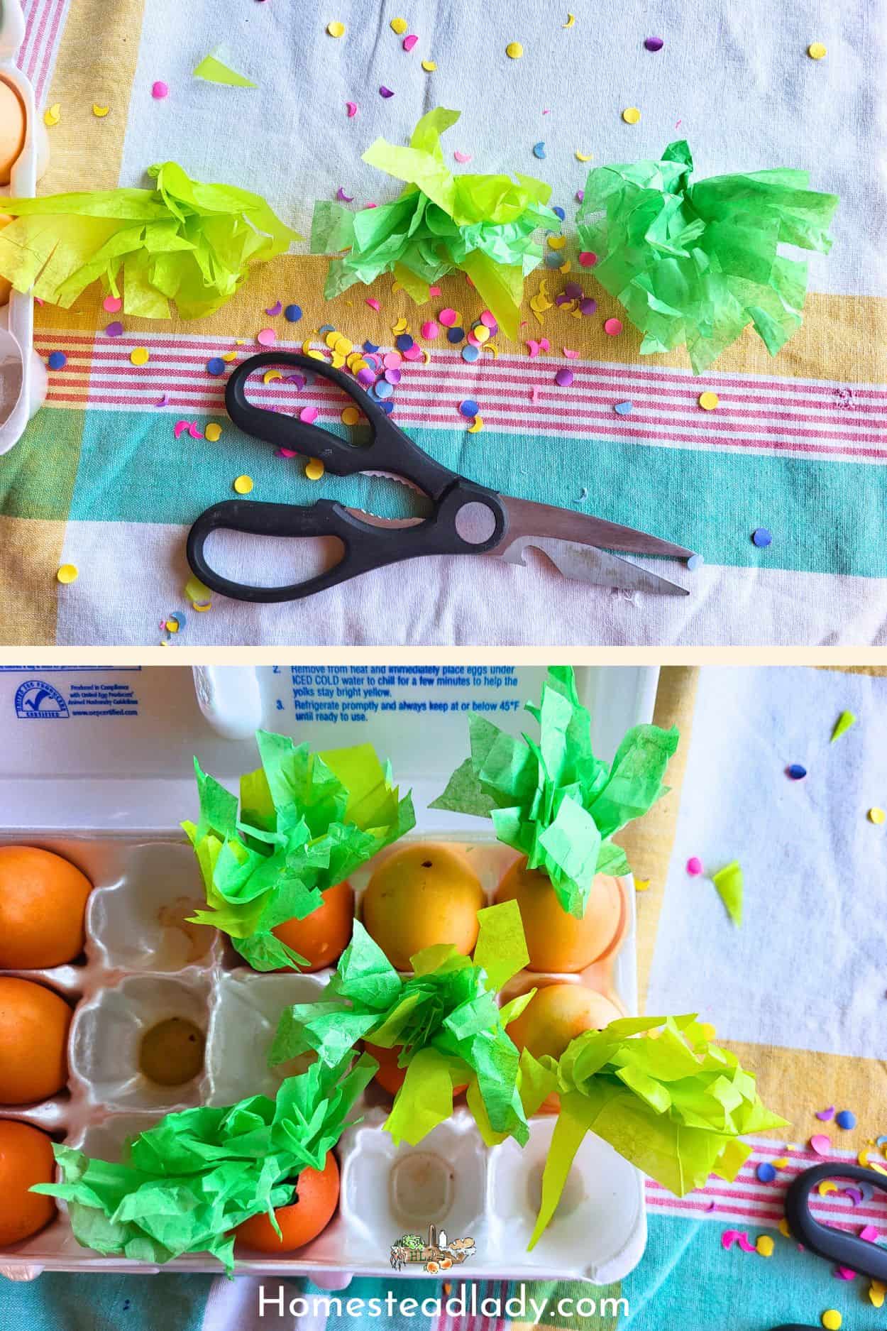 homemade confetti eggs being finished up on a colorful tablecloth