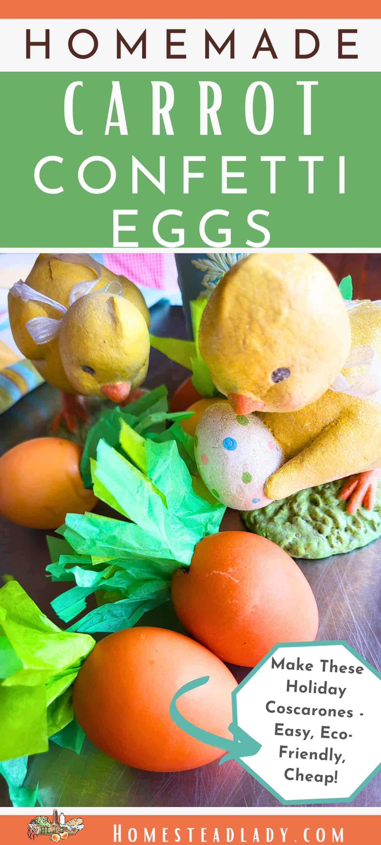 homemade confetti eggs sitting on a counter with Easter chicks