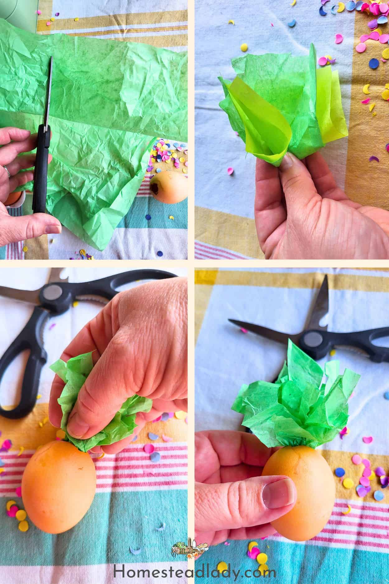 homemade confetti eggs being topped with tissue paper