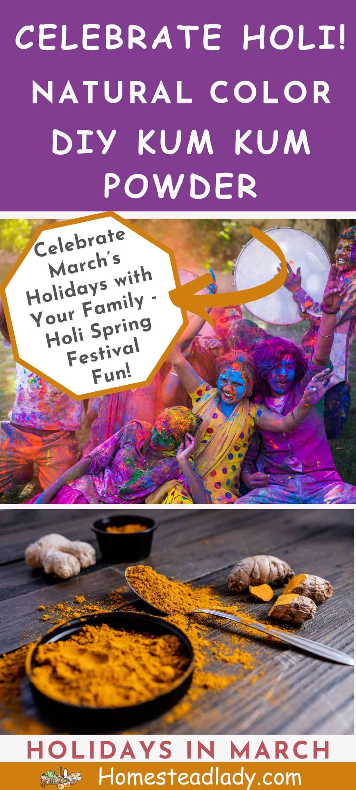 kum kum powder on a dark table; children celebrating Holi covered in color