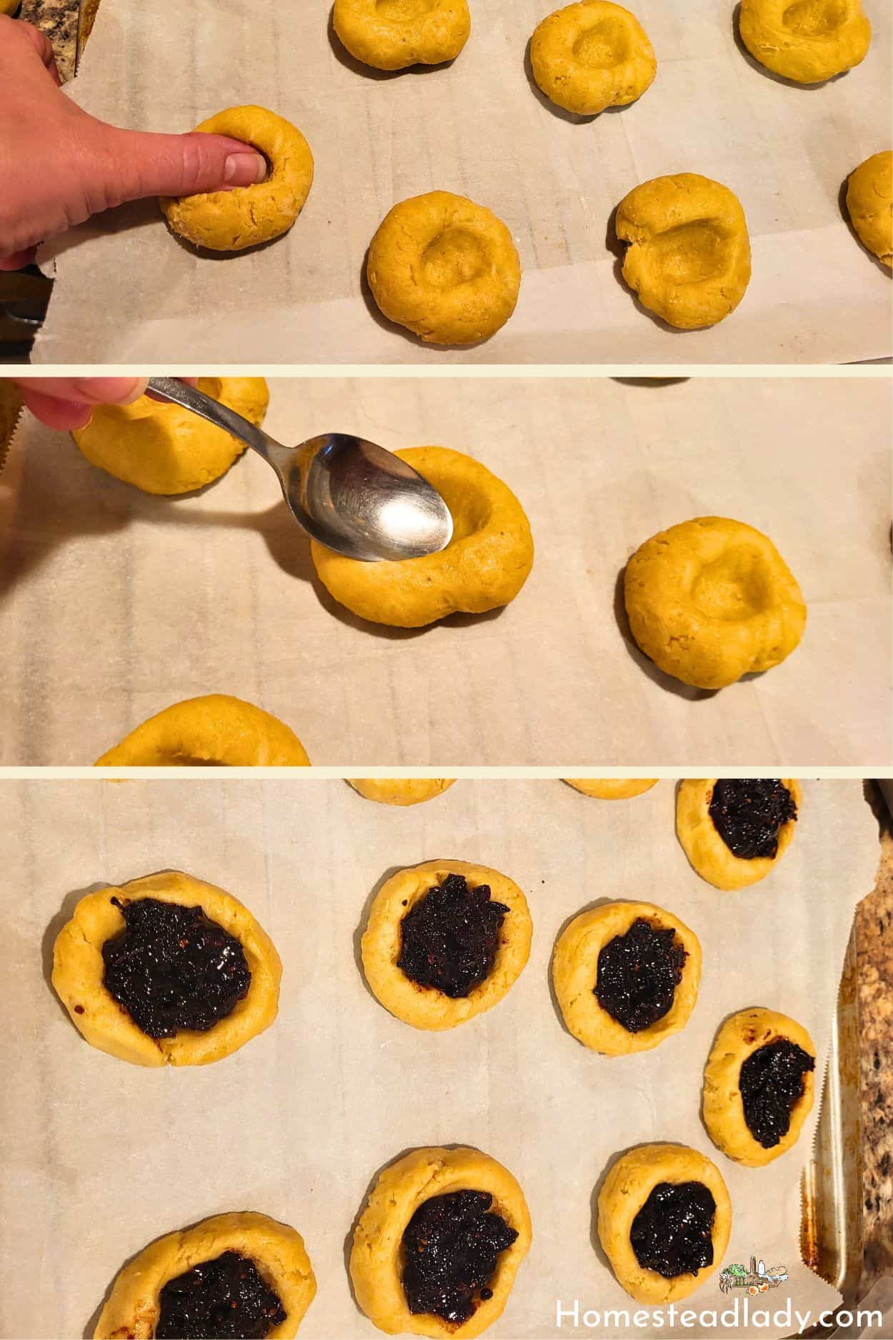 sourdough jam cookies being shaped with a spoon