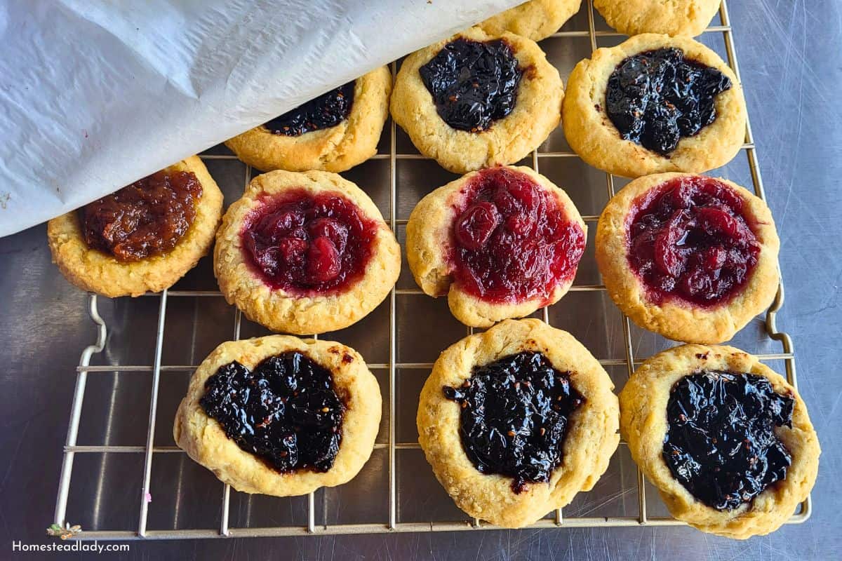 sourdough jam cookies on a bakers rack