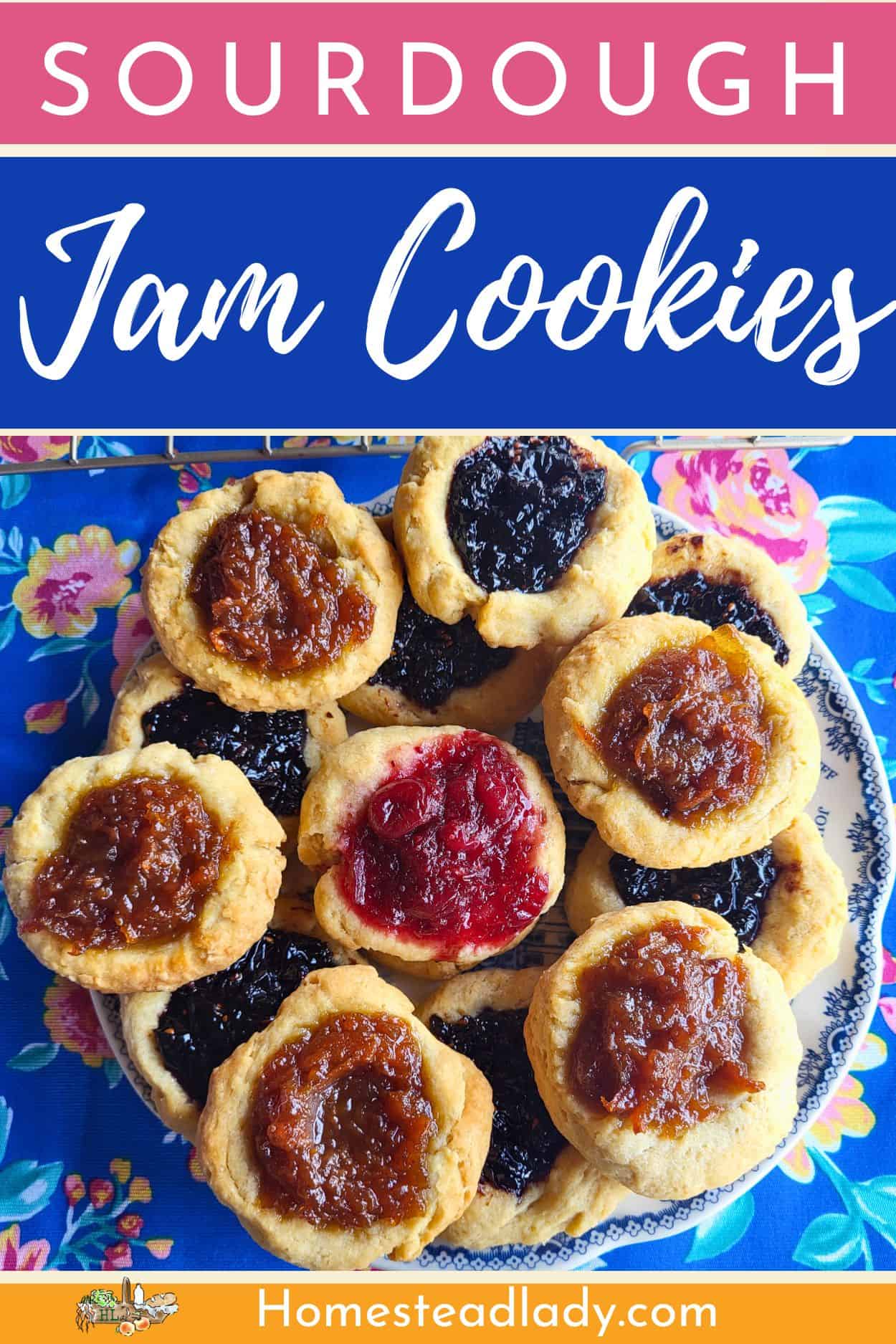 sourdough jam cookies on a blue and white plate